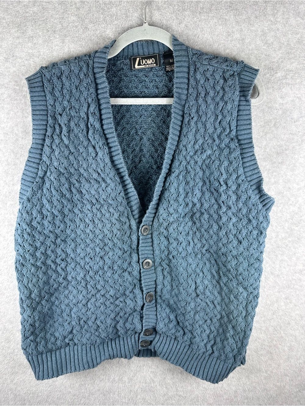 Men's Slate Blue Cable Knit Sleeveless Cardigan